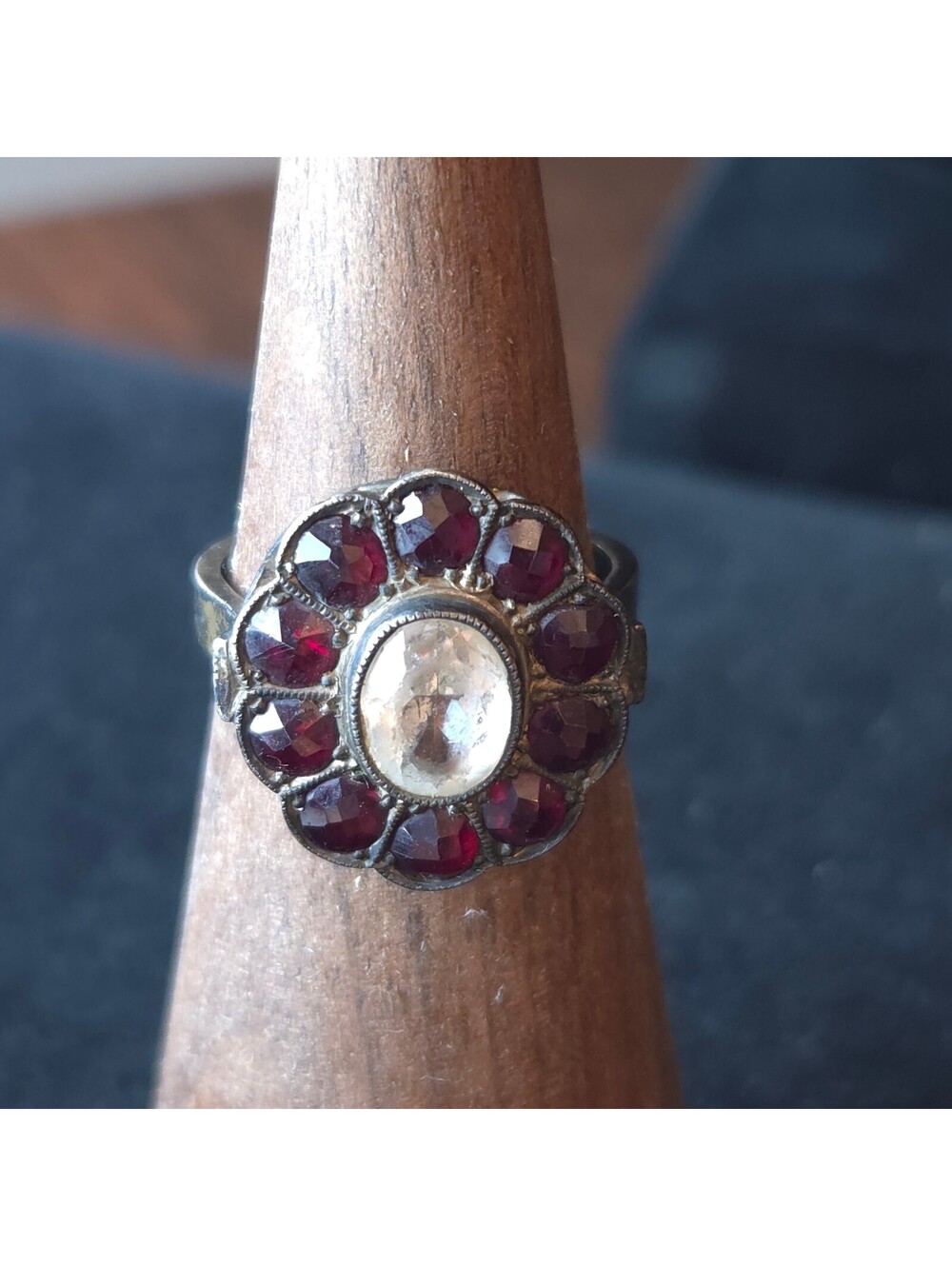 Antique Size 7 Sterling Silver (835) Garnet Cluster Ring